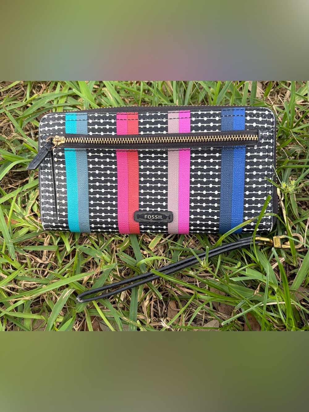 Fossil Black Wristlet with Pink, Blue, Teal & Red Stripes
